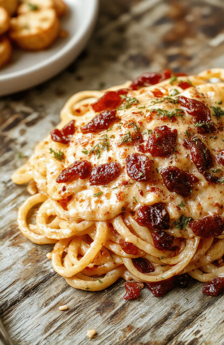 A vibrant plate of creamy spaghetti topped with rich sun-dried tomato sauce, garnished with fresh herbs. The dish is beautifully plated on a rustic wooden surface with a sprinkle of Parmesan cheese and a few sun-dried tomatoes for decoration, showcasing creamy textures and bright colors.