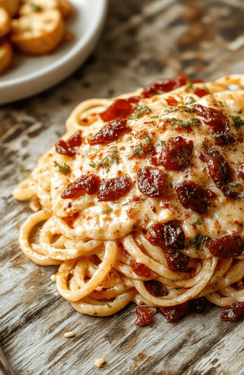 A vibrant plate of creamy spaghetti topped with rich sun-dried tomato sauce, garnished with fresh herbs. The dish is beautifully plated on a rustic wooden surface with a sprinkle of Parmesan cheese and a few sun-dried tomatoes for decoration, showcasing creamy textures and bright colors.