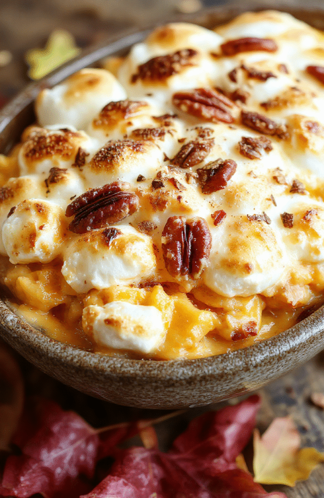 A creamy sweet potato casserole topped with golden toasted marshmallows and chopped pecans, served in a rustic white baking dish with a spoon, styled on a wooden table with autumn leaves in the background, showcasing warm orange hues and a comforting texture.