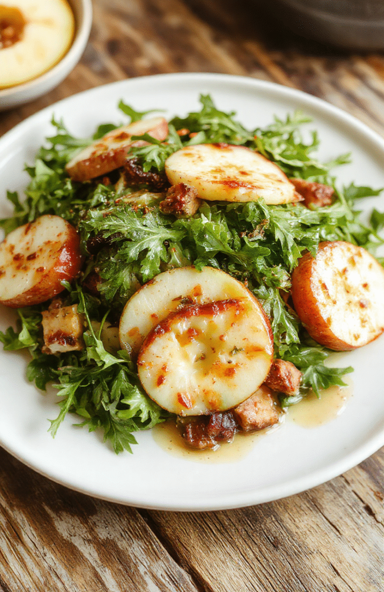 A vibrant plate of Crisp Apple Arugula Salad featuring thinly sliced crisp apples, fresh vibrant arugula leaves, walnuts, and crumbled feta cheese, drizzled with a light vinaigrette. The salad is arranged on a rustic wooden table with natural daylight highlighting the colorful ingredients and textured surfaces, styled simply to emphasize freshness and crispiness.