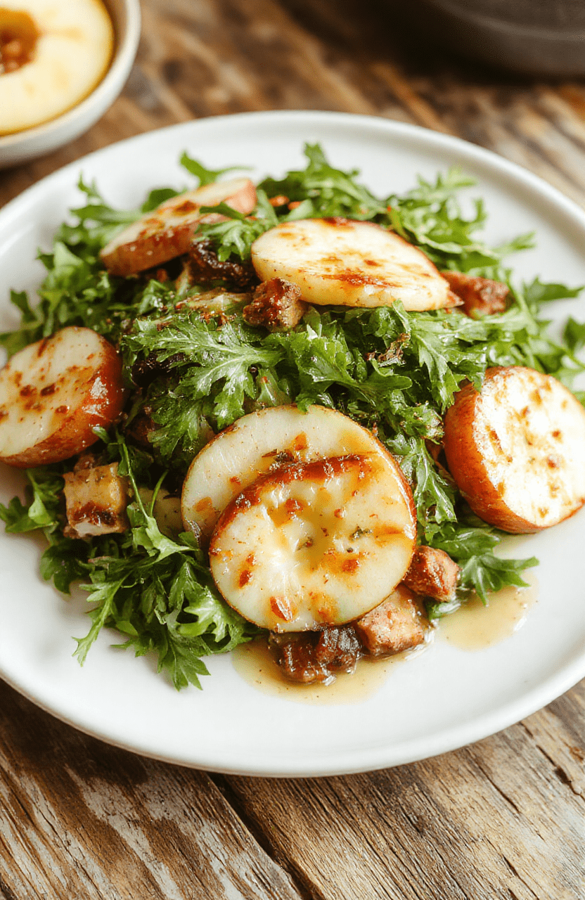 A vibrant plate of Crisp Apple Arugula Salad featuring thinly sliced crisp apples, fresh vibrant arugula leaves, walnuts, and crumbled feta cheese, drizzled with a light vinaigrette. The salad is arranged on a rustic wooden table with natural daylight highlighting the colorful ingredients and textured surfaces, styled simply to emphasize freshness and crispiness.
