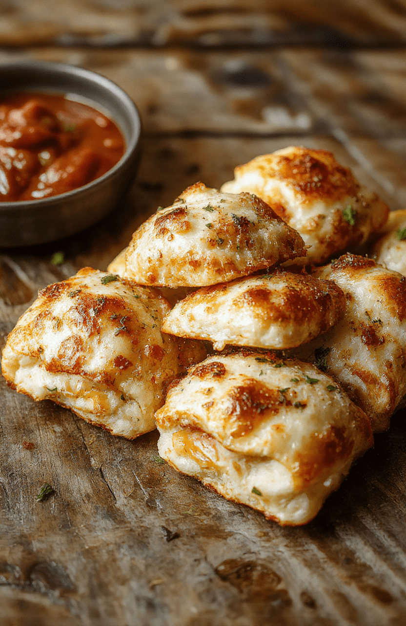 Golden-brown crispy air fryer pizza rolls arranged on a white plate, with melted cheese oozing slightly from the flaky exterior, garnished with fresh basil leaves, and served on a rustic wooden table with a blurred background.