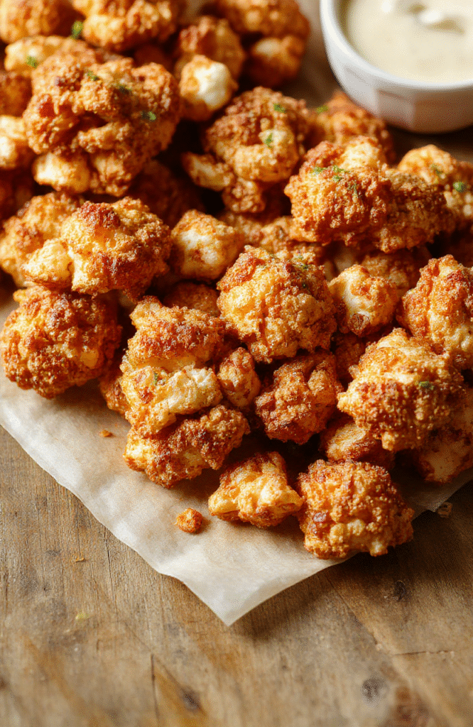 Golden-brown crispy popcorn chicken arranged on a white plate with a side of colorful dipping sauces, garnished with fresh herbs. The chicken has a crunchy exterior with visible popcorn coating. The vibrant sauces add contrast, and the background features a rustic wooden table with a casual dining setup.
