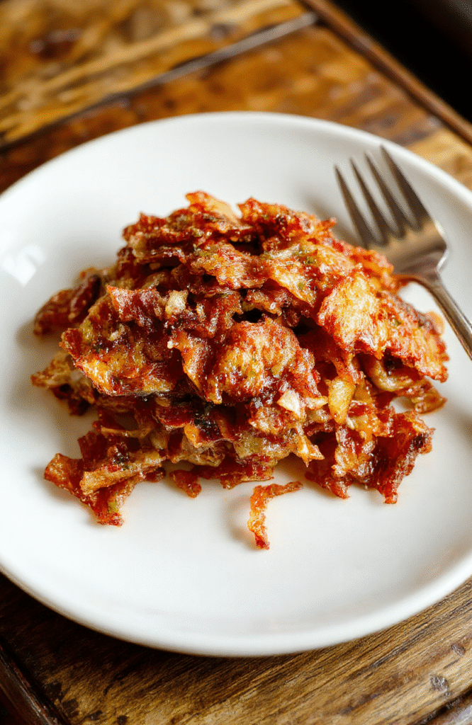 Golden crispy fried onions arranged on a rustic white plate with a blurred background. The onions are perfectly caramelized, crispy-edged, and appetizing with a hint of seasoning, styled casually to highlight their crunchy texture and golden hue.