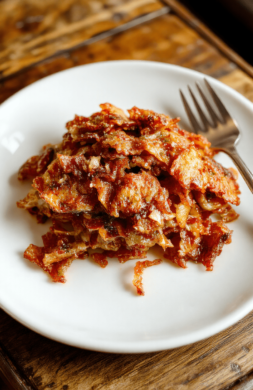 Golden crispy fried onions arranged on a rustic white plate with a blurred background. The onions are perfectly caramelized, crispy-edged, and appetizing with a hint of seasoning, styled casually to highlight their crunchy texture and golden hue.