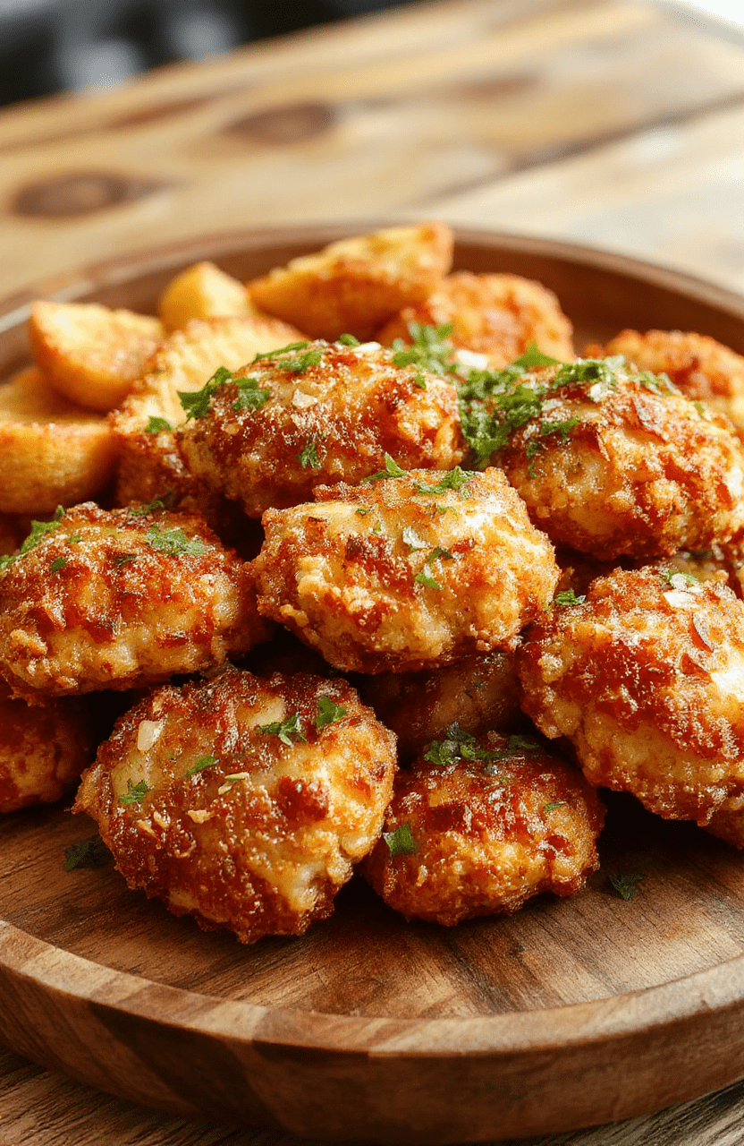 A golden-brown crispy pretzel crusted chicken breast topped with melted cheese, served on a rustic wooden plate with a side of fresh greens. The chicken has a crunchy texture with visible pretzel crumbs and gooey cheese melting over the edges, styled simply for a cozy dinner presentation.