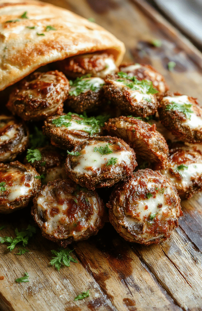 Golden-brown crispy ranch mushrooms arranged on a white ceramic plate, garnished with fresh herbs, with a textured wooden background showcasing vibrant earthy tones, highlighting the crunchy exterior and tender interior of the mushrooms.