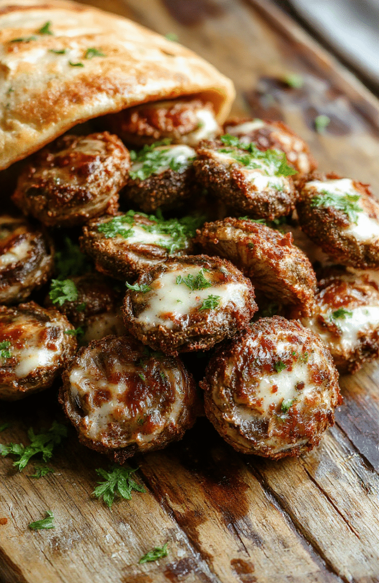 Golden-brown crispy ranch mushrooms arranged on a white ceramic plate, garnished with fresh herbs, with a textured wooden background showcasing vibrant earthy tones, highlighting the crunchy exterior and tender interior of the mushrooms.