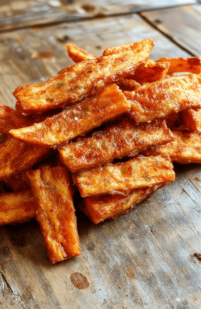 A vibrant plate of golden-brown crispy sweet potato fries arranged neatly on a rustic wooden surface, garnished with fresh herbs. The fries showcase a crispy exterior with a soft, tender interior, textured with a slight sheen from a light oil coating. Bright natural light highlights the rich orange color of the sweet potatoes, with a subtle background blur emphasizing the appetizing dish.