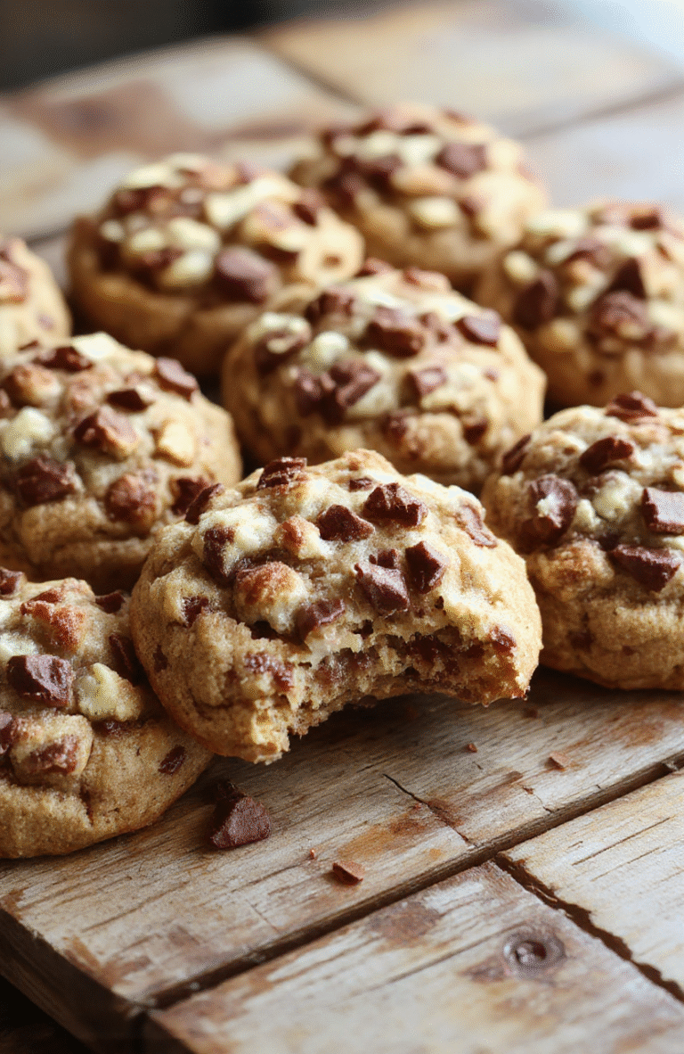 Golden-brown crumble-topped coffee cake cookies arranged on a rustic wooden plate. The cookies have a textured, crumbly topping with visible swirls of cinnamon and sugar. The surface glistens slightly, hinting at a moist interior. Soft natural lighting accentuates the warm tones and inviting textures, with a blurred background suggesting a cozy kitchen atmosphere.