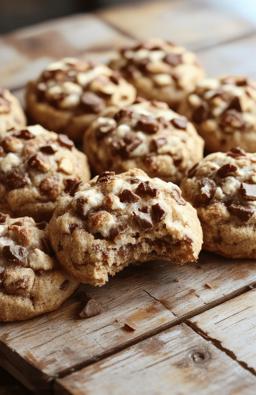 Golden-brown crumble-topped coffee cake cookies arranged on a rustic wooden plate. The cookies have a textured, crumbly topping with visible swirls of cinnamon and sugar. The surface glistens slightly, hinting at a moist interior. Soft natural lighting accentuates the warm tones and inviting textures, with a blurred background suggesting a cozy kitchen atmosphere.