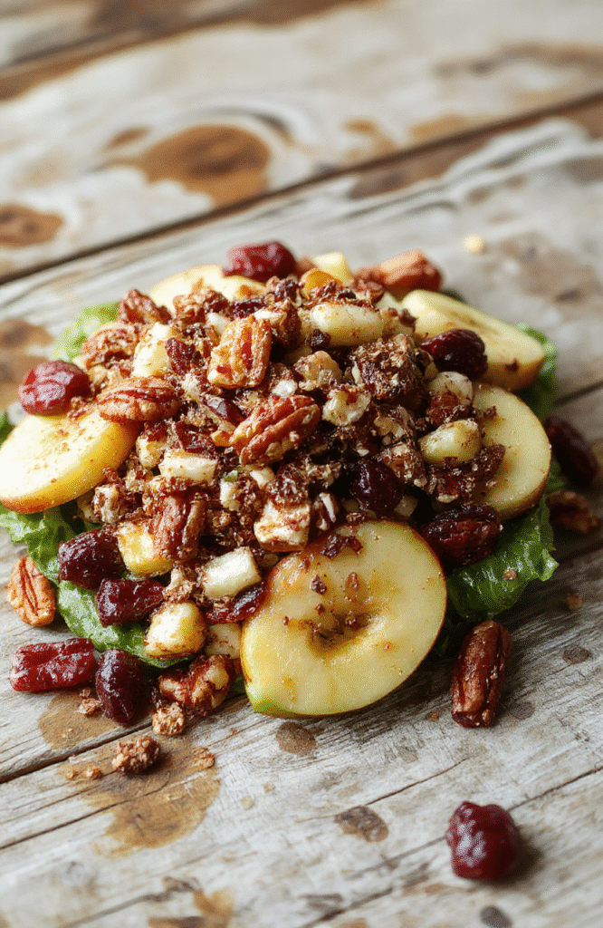 A vibrant salad featuring chopped crisp apples, ruby red cranberries, toasted pecans, and fresh greens on a white plate, garnished with mint, displayed on a rustic wooden table, with a pop of red and green colors, textures of crunchy nuts and juicy fruit visible.