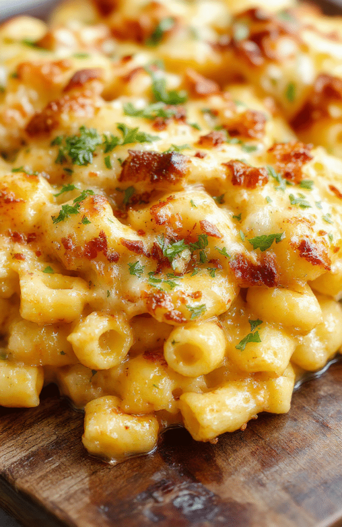 A creamy baked mac and cheese dish topped with golden, crunchy breadcrumb crust, served in a rustic white bowl on a wooden surface, with melted cheese stretching from the edges, garnished with fresh herbs, and surrounded by a few cooked pasta pieces for a tempting and inviting look.