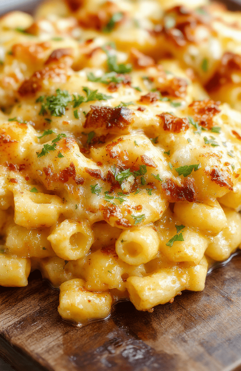 A creamy baked mac and cheese dish topped with golden, crunchy breadcrumb crust, served in a rustic white bowl on a wooden surface, with melted cheese stretching from the edges, garnished with fresh herbs, and surrounded by a few cooked pasta pieces for a tempting and inviting look.