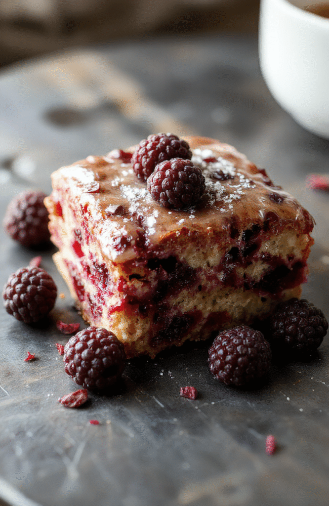 A beautifully layered blackberry cake with deep purple and blackberries on top, decorated with dark edible accents, displayed on a rustic wooden platter, with a textured dark background highlighting the luscious textures and rich colors.