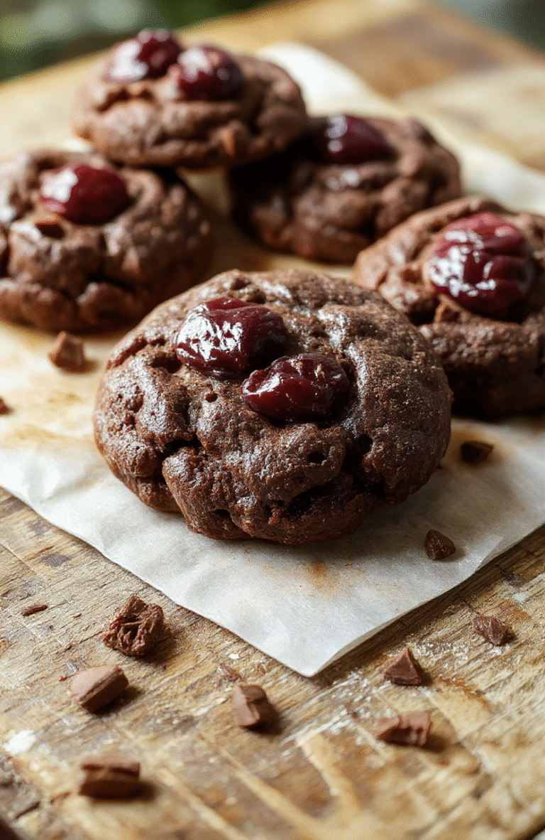 A plate of decadent chocolate cherry cookies topped with glossy cherry pieces and dusted with powdered sugar, arranged on a rustic wooden table with a festive holiday backdrop, featuring rich dark chocolate and vibrant red cherries, showcasing textures from gooey centers to crisp edges.