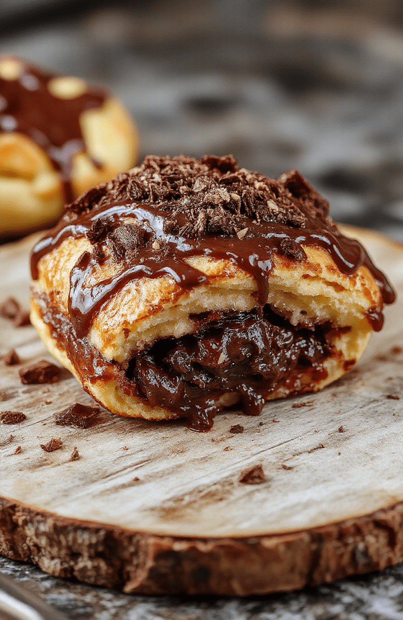 A golden-brown chocolate croissant bake sliced open, revealing layers of flaky croissants and melting chocolate, topped with powdered sugar and fresh berries, styled on a rustic wooden platter with soft natural light highlighting the textures and rich colors.