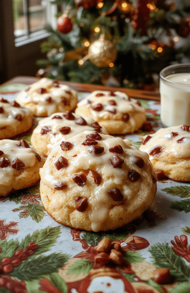 A plate of golden-brown gooey butter cookies decorated with colorful sprinkles and powdered sugar, arranged on a festive holiday table with pinecones and Christmas ornaments in the background, creating a warm and inviting holiday scene.