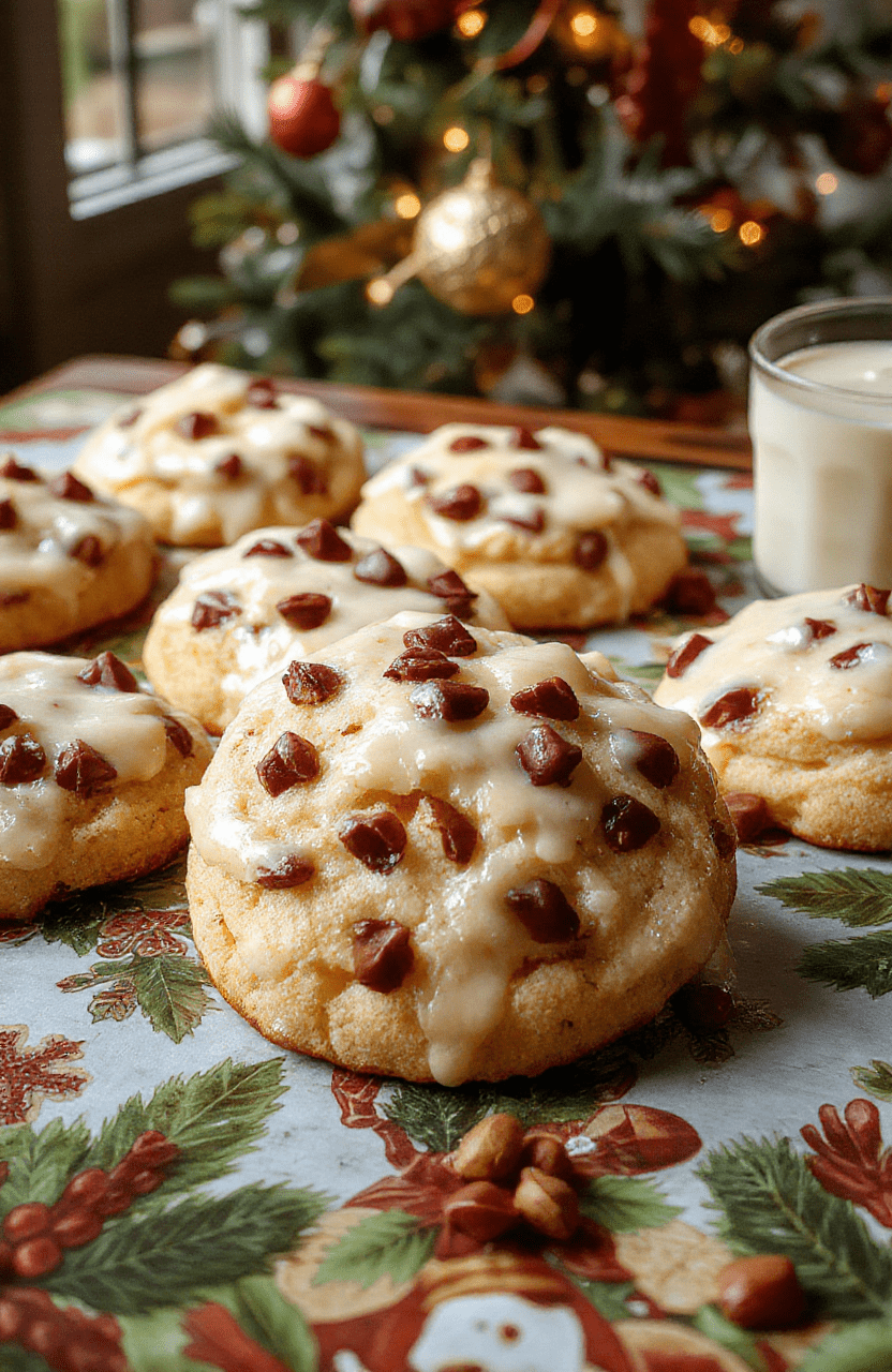 A plate of golden-brown gooey butter cookies decorated with colorful sprinkles and powdered sugar, arranged on a festive holiday table with pinecones and Christmas ornaments in the background, creating a warm and inviting holiday scene.