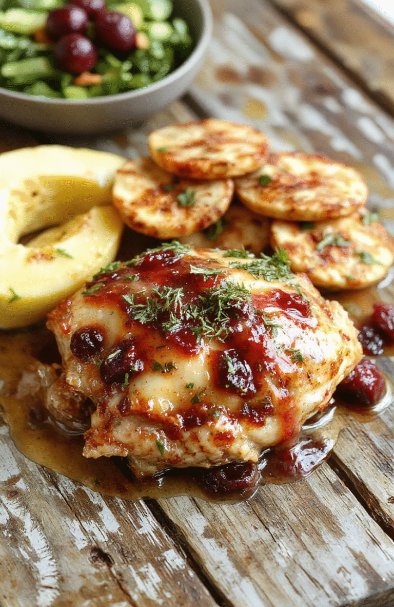 A close-up view of a beautifully plated decadent cranberry Brie chicken dish featuring golden-brown chicken breasts topped with melted Brie cheese, vibrant red cranberries, and fresh green herbs, arranged on a rustic white plate with a festive background, showcasing textures of creamy cheese, juicy cranberries, and tender chicken.