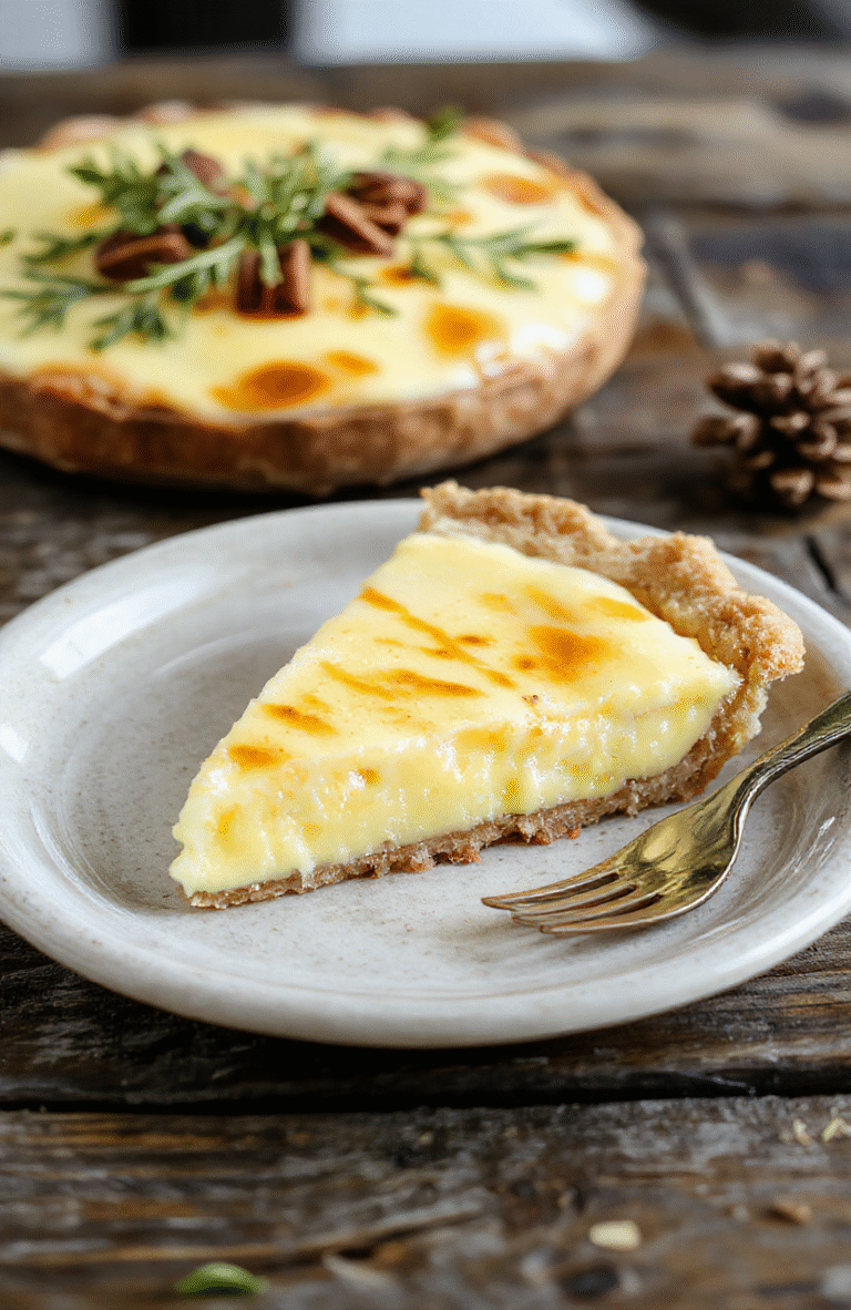 A rich, golden custard pie topped with a caramelized sugar crust, sliced to reveal a creamy custard filling, styled on a rustic white plate, with a warm holiday ambiance in the background
