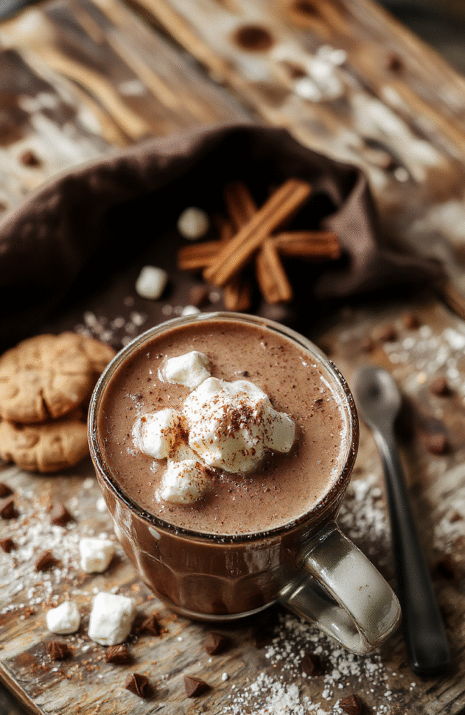 A delightful, steaming cup of decadent hot chocolate topped with whipped cream, mini marshmallows, and a drizzle of chocolate syrup. The presentation is cozy, with the drink served in a rustic mug on a wooden table, surrounded by chocolate shavings and cinnamon sticks, evoking warmth and comfort. The background features soft holiday decor and warm lighting, enhancing the inviting atmosphere.