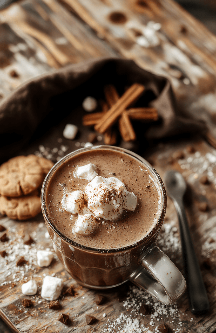 A delightful, steaming cup of decadent hot chocolate topped with whipped cream, mini marshmallows, and a drizzle of chocolate syrup. The presentation is cozy, with the drink served in a rustic mug on a wooden table, surrounded by chocolate shavings and cinnamon sticks, evoking warmth and comfort. The background features soft holiday decor and warm lighting, enhancing the inviting atmosphere.