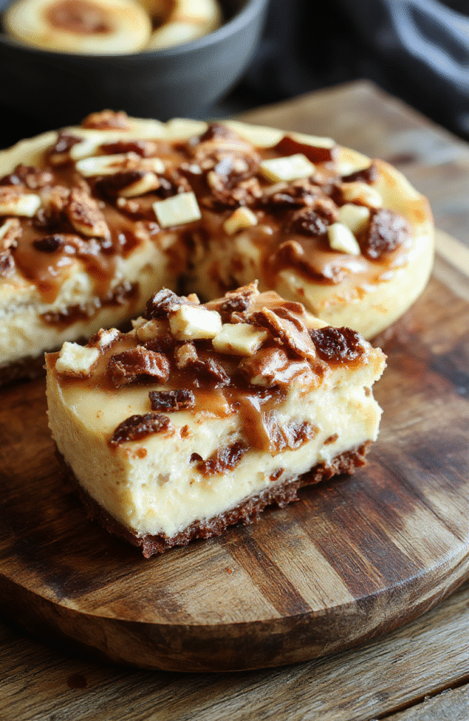 A rich, creamy turtle cheesecake topped with glossy caramel sauce, drizzled with melted chocolate, garnished with pecans, and sliced to reveal a smooth, luscious interior. The cheesecake is plated on a rustic wooden board, with a drizzle of caramel and chocolate artfully swirled around it, highlighting its decadence and indulgence, styled with a few pecan halves for visual appeal.