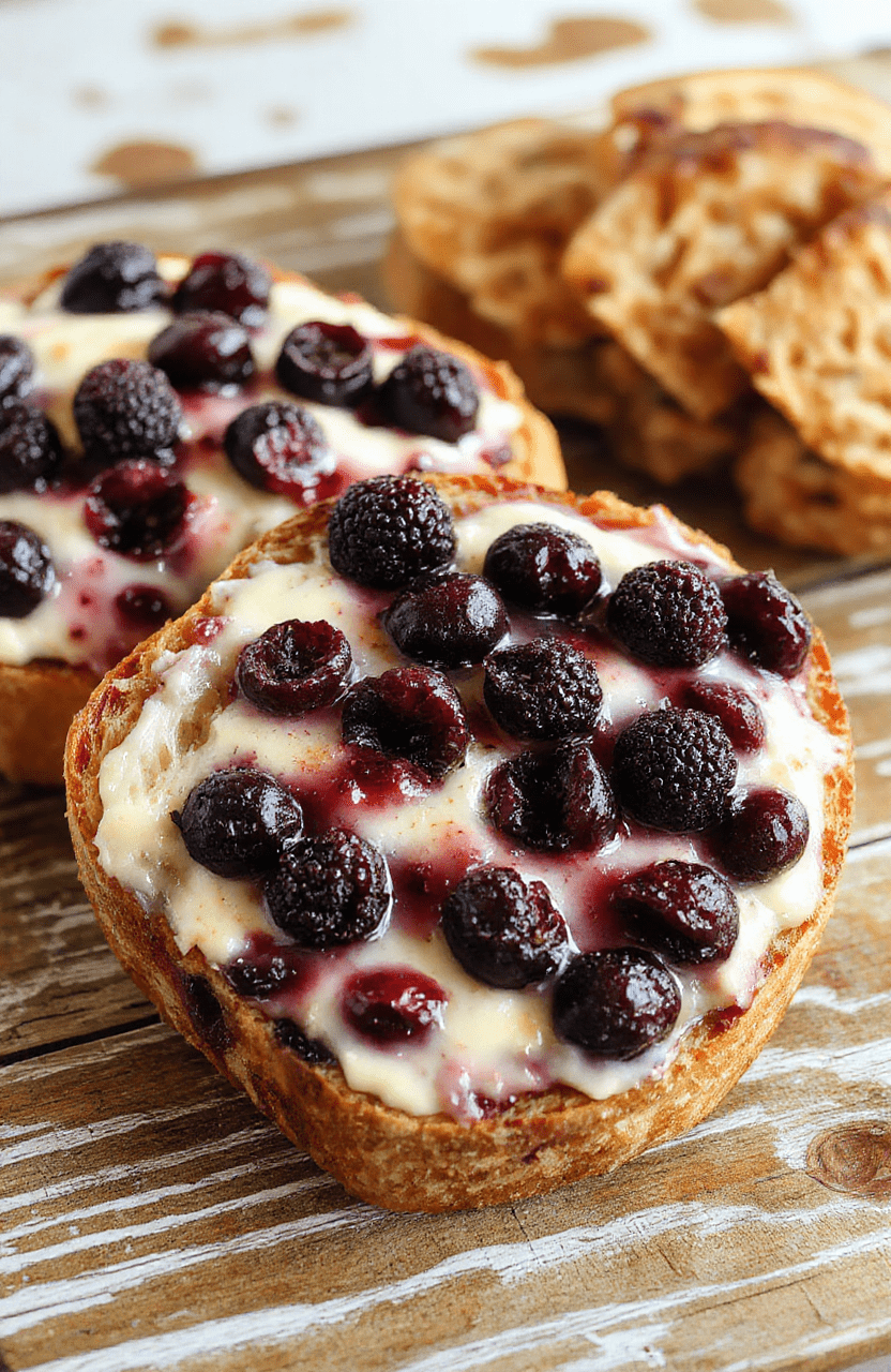 A golden-brown blueberry cream cheese bread sliced open to reveal a creamy filling with bursting blueberries. The bread is elegantly plated on a rustic wood platter, garnished with powdered sugar and fresh blueberries. The setting features soft natural daylight, emphasizing the moist texture of the bread and the vibrant blue hues of the fruit, styled with minimalistic fresh herbs and a cozy brunch ambiance.