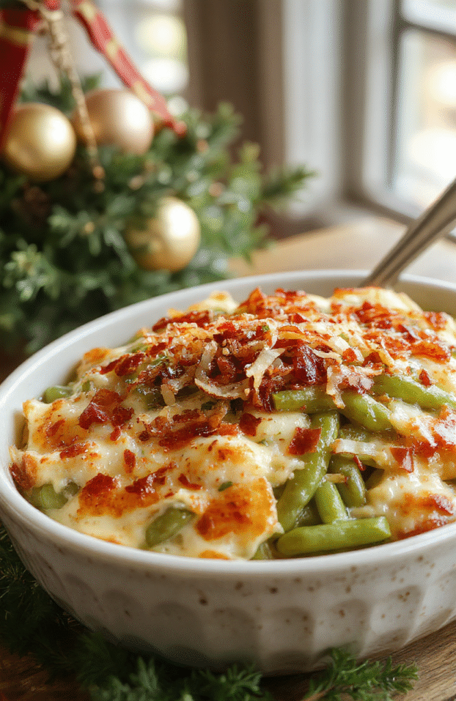 A vibrant green bean casserole served in a rustic white dish, topped with crispy fried onions, steam rising, surrounded by holiday-themed decorations, warm lighting highlighting textures.