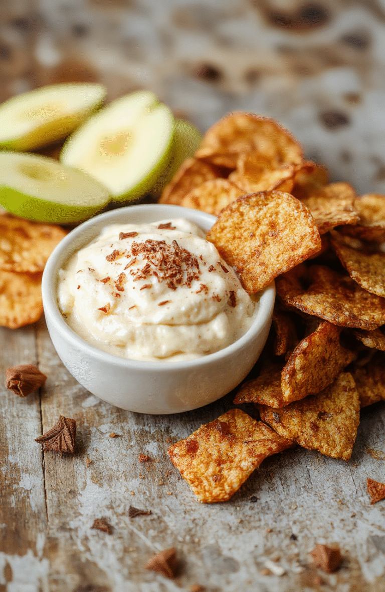 A vibrant orange ceramic plate filled with creamy apple dip topped with a drizzle of caramel and sprinkled with cinnamon, accompanied by crispy cinnamon chips arranged neatly on a rustic wooden surface, with a background of fall-themed decor in warm hues, emphasizing textures and inviting colors.