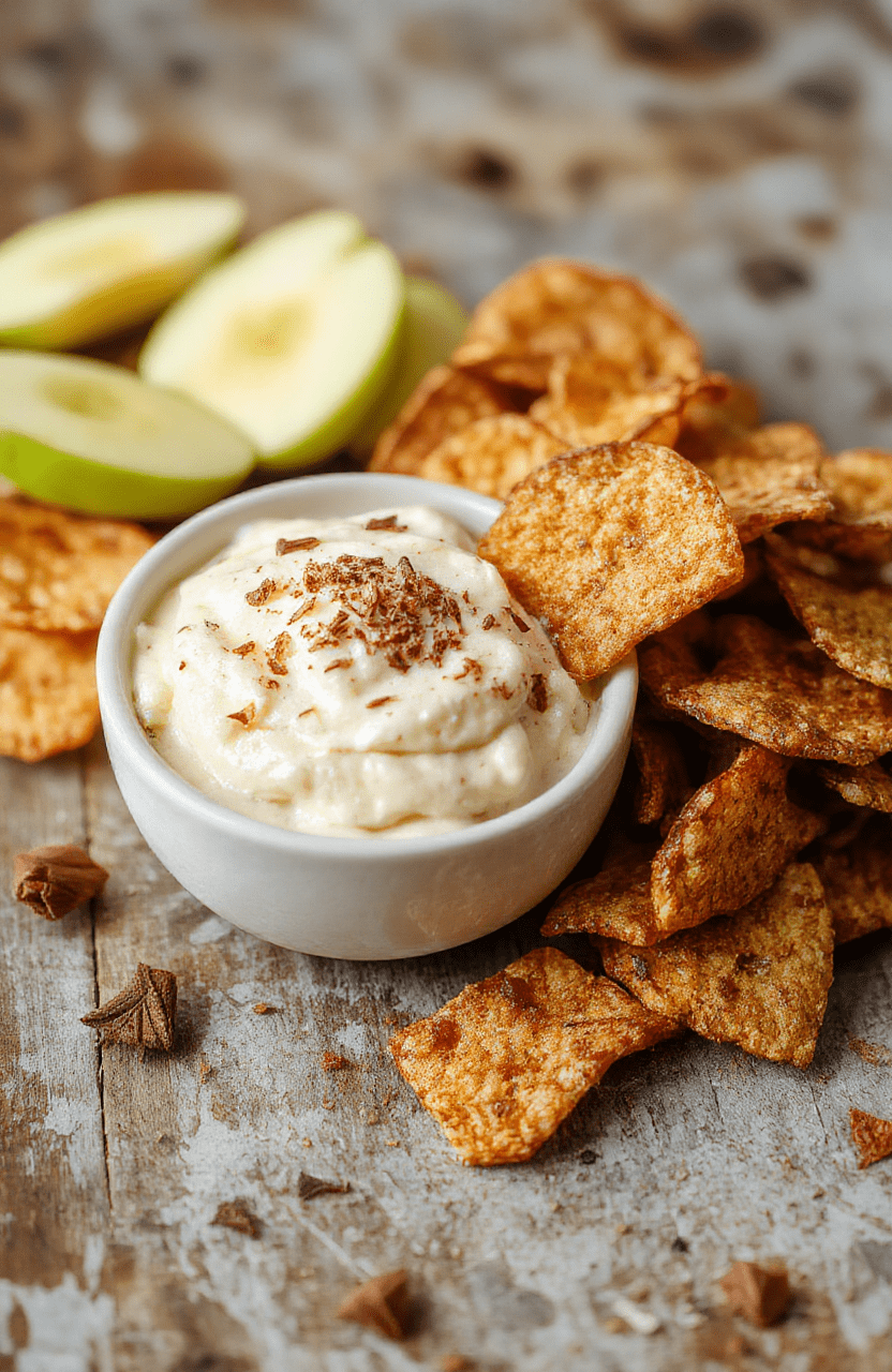 A vibrant orange ceramic plate filled with creamy apple dip topped with a drizzle of caramel and sprinkled with cinnamon, accompanied by crispy cinnamon chips arranged neatly on a rustic wooden surface, with a background of fall-themed decor in warm hues, emphasizing textures and inviting colors.
