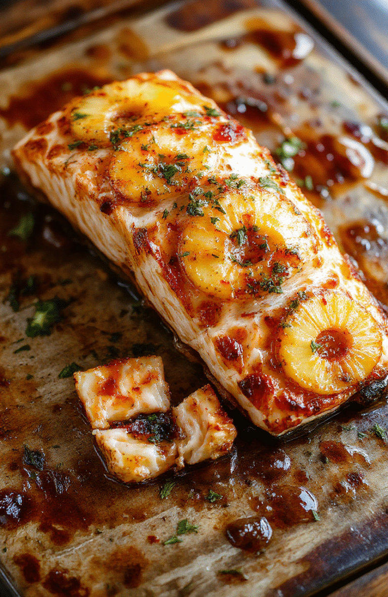 Colorful plated baked pineapple salmon featuring golden baked salmon fillet topped with caramelized pineapple chunks, garnished with fresh herbs, set on a rustic wooden table with a vibrant backdrop, highlighting the juicy textures and bright tropical colors.