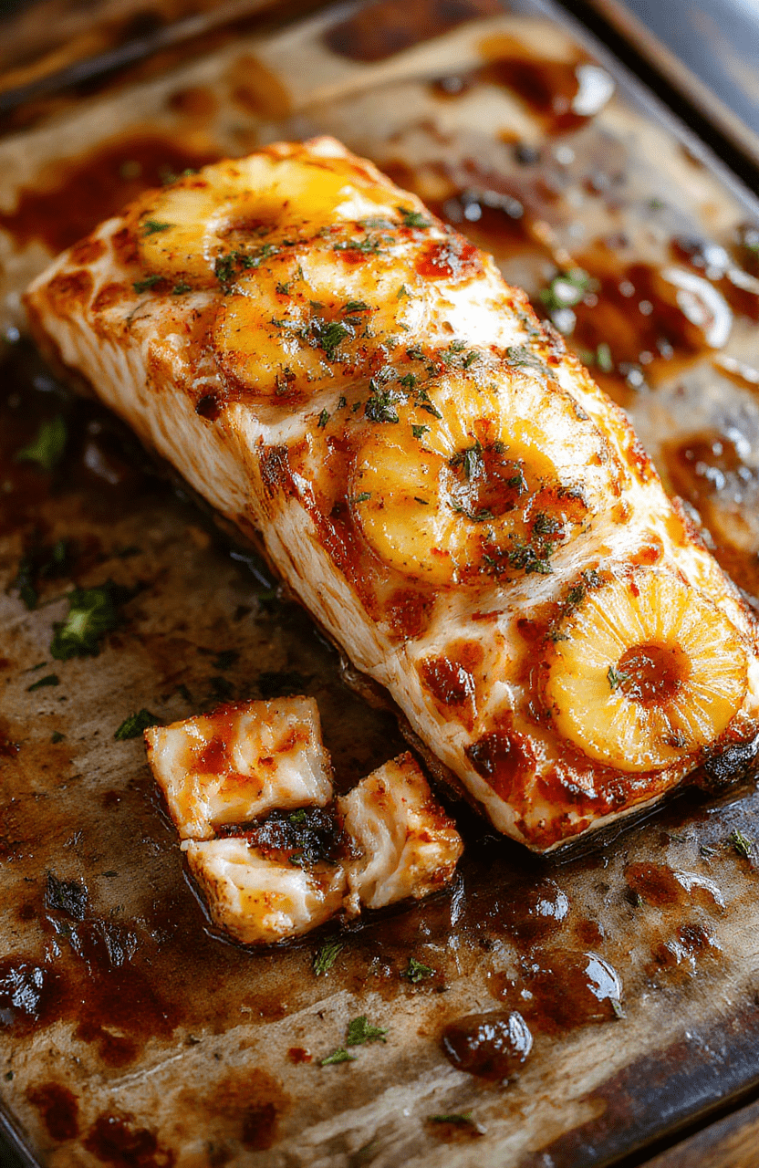 Colorful plated baked pineapple salmon featuring golden baked salmon fillet topped with caramelized pineapple chunks, garnished with fresh herbs, set on a rustic wooden table with a vibrant backdrop, highlighting the juicy textures and bright tropical colors.
