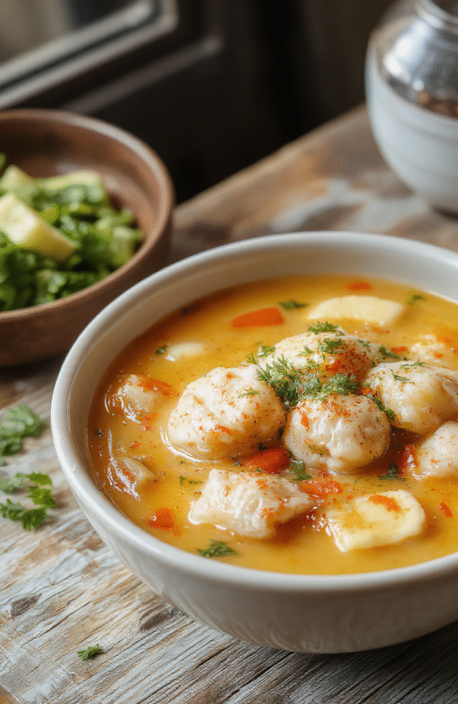 A steaming bowl of chicken dumpling soup featuring fluffy dumplings in a rich broth, garnished with fresh herbs, served on a rustic wooden table with warm lighting, vibrant colors, and textured ingredients conveying warmth and comfort.