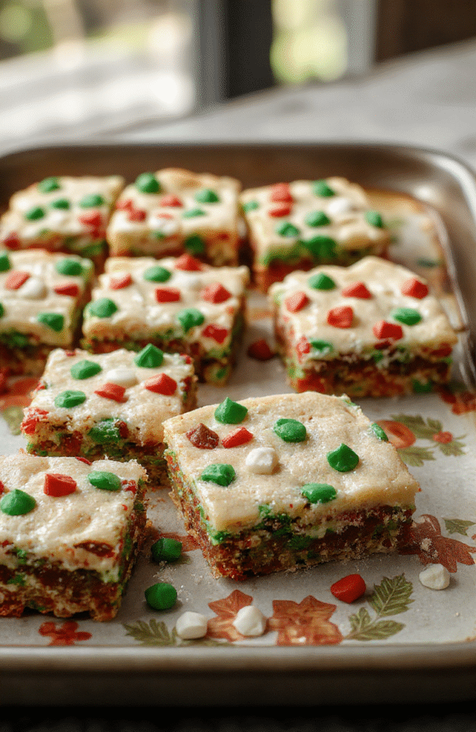 A festive plate of Christmas cookie bars decorated with colorful sprinkles and drizzled with chocolate, arranged neatly on a holiday-themed tray with a cozy winter background.