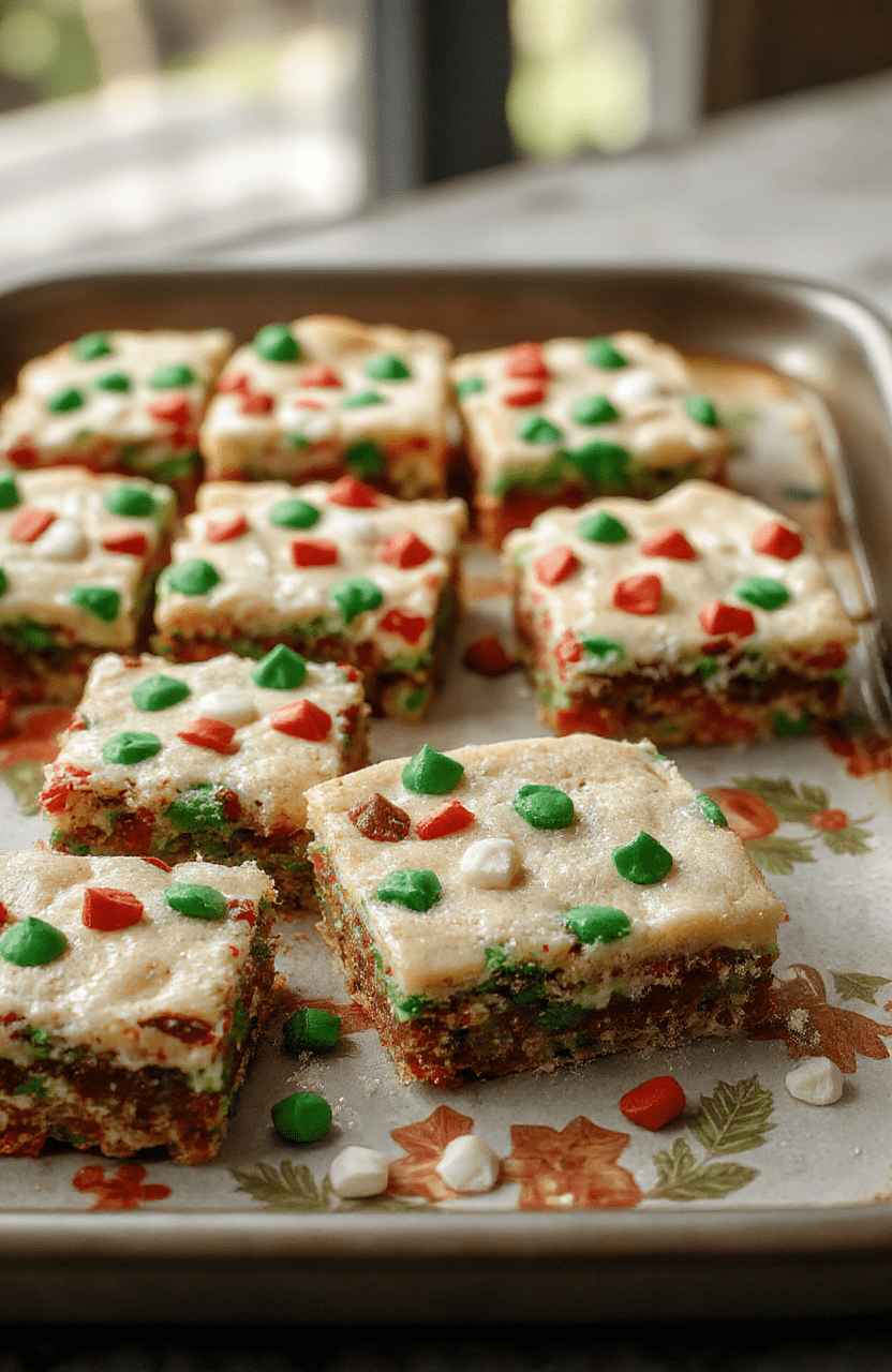 A festive plate of Christmas cookie bars decorated with colorful sprinkles and drizzled with chocolate, arranged neatly on a holiday-themed tray with a cozy winter background.