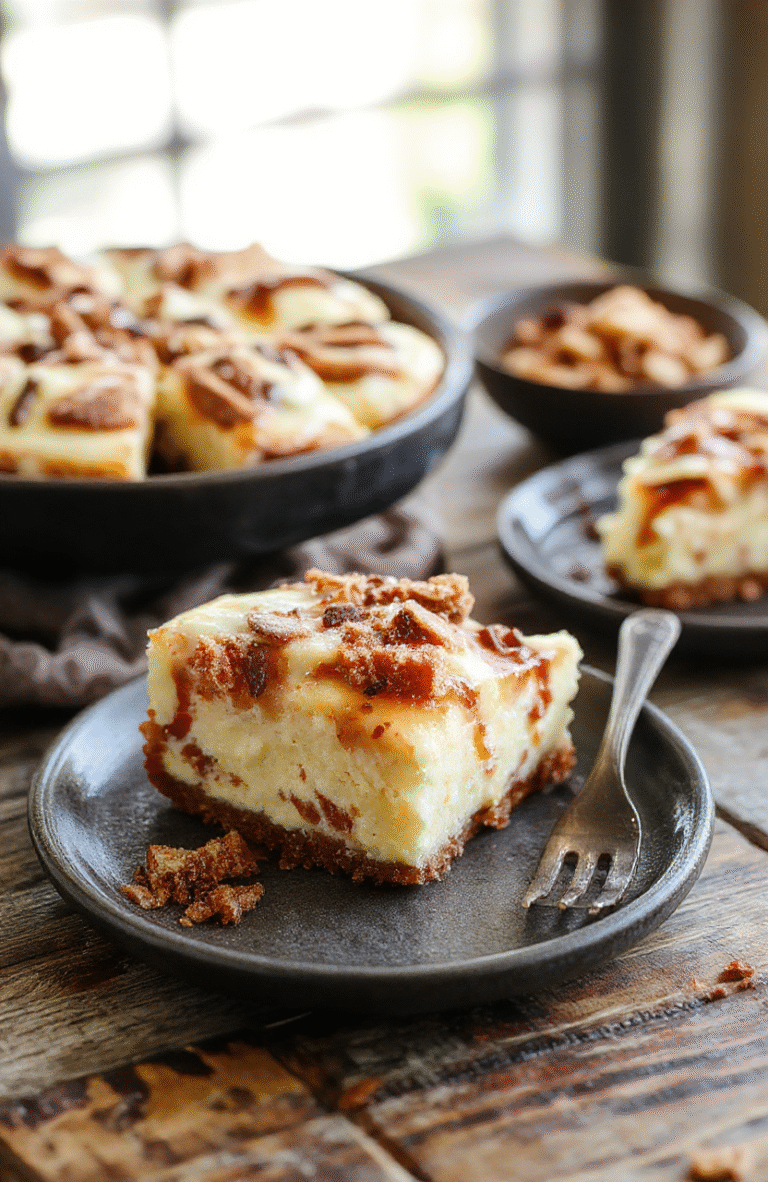 A vibrant churro cheesecake slice topped with cinnamon sugar and caramel sauce, garnished with churro sticks and a dusting of powdered sugar, arranged on a rustic white plate with a golden-brown crust visible and creamy filling inside, styled with cinnamon sticks and caramel drizzle for an inviting presentation.