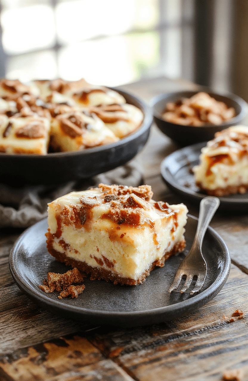 A vibrant churro cheesecake slice topped with cinnamon sugar and caramel sauce, garnished with churro sticks and a dusting of powdered sugar, arranged on a rustic white plate with a golden-brown crust visible and creamy filling inside, styled with cinnamon sticks and caramel drizzle for an inviting presentation.