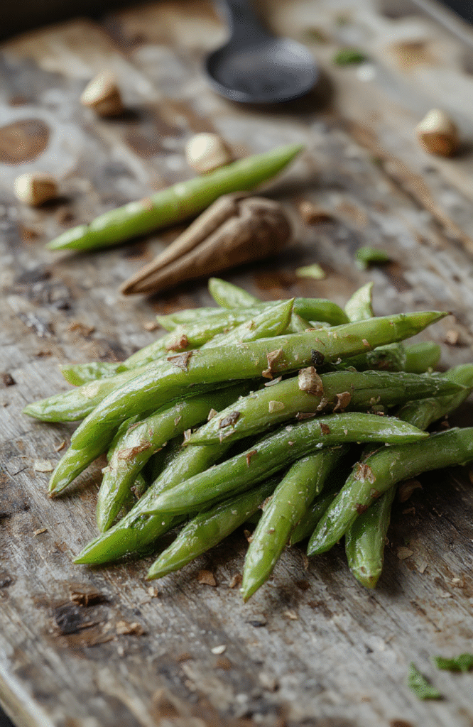 A vibrant plate of crack green beans garnished with crispy fried onions and lemon zest, showcasing tender green beans coated in a glossy, flavorful sauce, styled simply on a rustic wooden table with a clean background.
