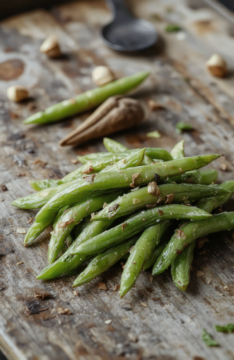 A vibrant plate of crack green beans garnished with crispy fried onions and lemon zest, showcasing tender green beans coated in a glossy, flavorful sauce, styled simply on a rustic wooden table with a clean background.