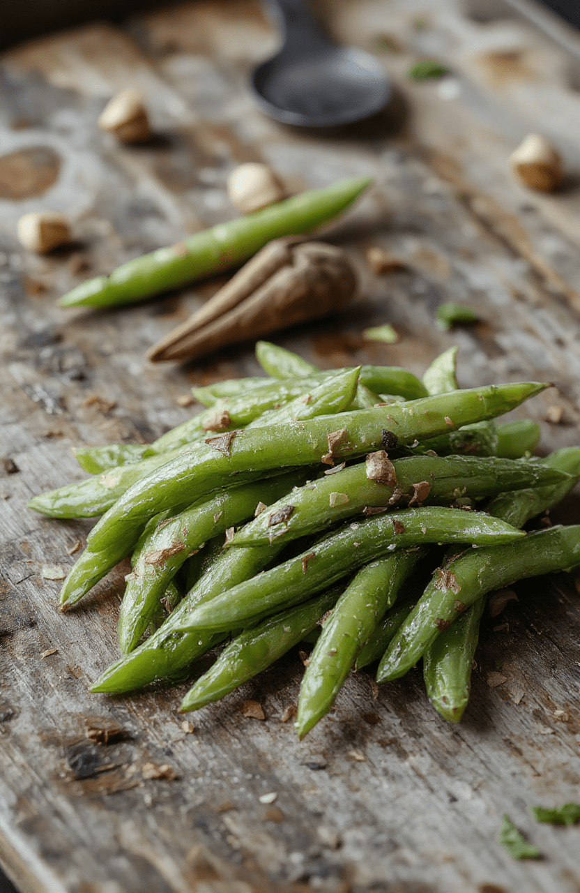 A vibrant plate of crack green beans garnished with crispy fried onions and lemon zest, showcasing tender green beans coated in a glossy, flavorful sauce, styled simply on a rustic wooden table with a clean background.
