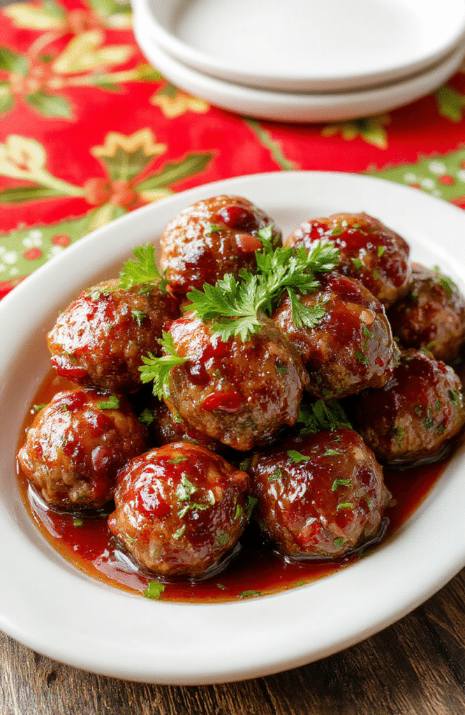 A plate of glossy cranberry meatballs garnished with fresh parsley, served on a white ceramic platter with a vibrant red and green holiday tablecloth background. The meatballs are coated in a rich cranberry glaze, with visible pieces of chopped cranberries and herbs, steam gently rising, styled with a festive touch.