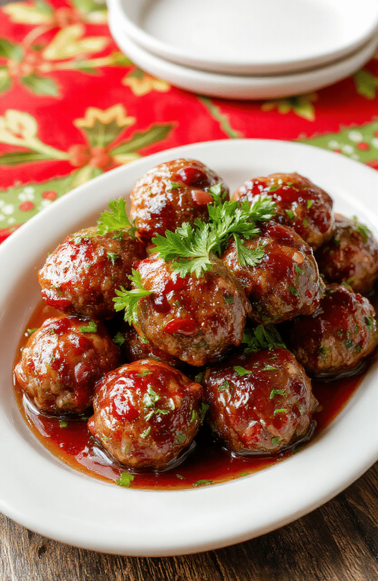 A plate of glossy cranberry meatballs garnished with fresh parsley, served on a white ceramic platter with a vibrant red and green holiday tablecloth background. The meatballs are coated in a rich cranberry glaze, with visible pieces of chopped cranberries and herbs, steam gently rising, styled with a festive touch.