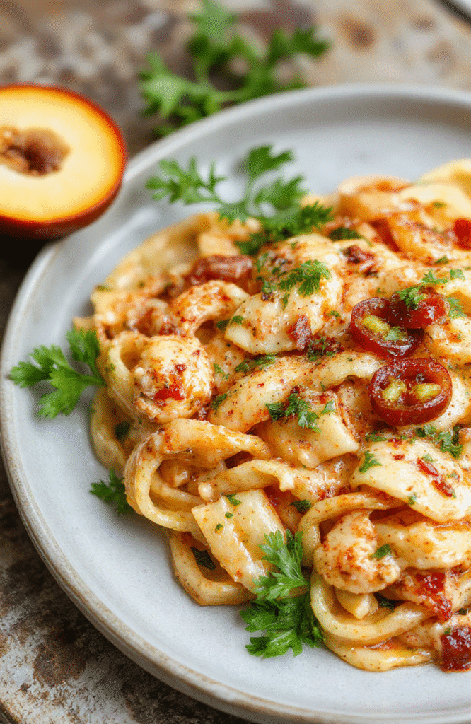A vibrant plate of creamy Cajun pasta featuring spiralized pasta coated in a rich, spicy sauce, topped with chopped parsley and sliced peppers, styled on a rustic wooden table with a warm, inviting ambiance.