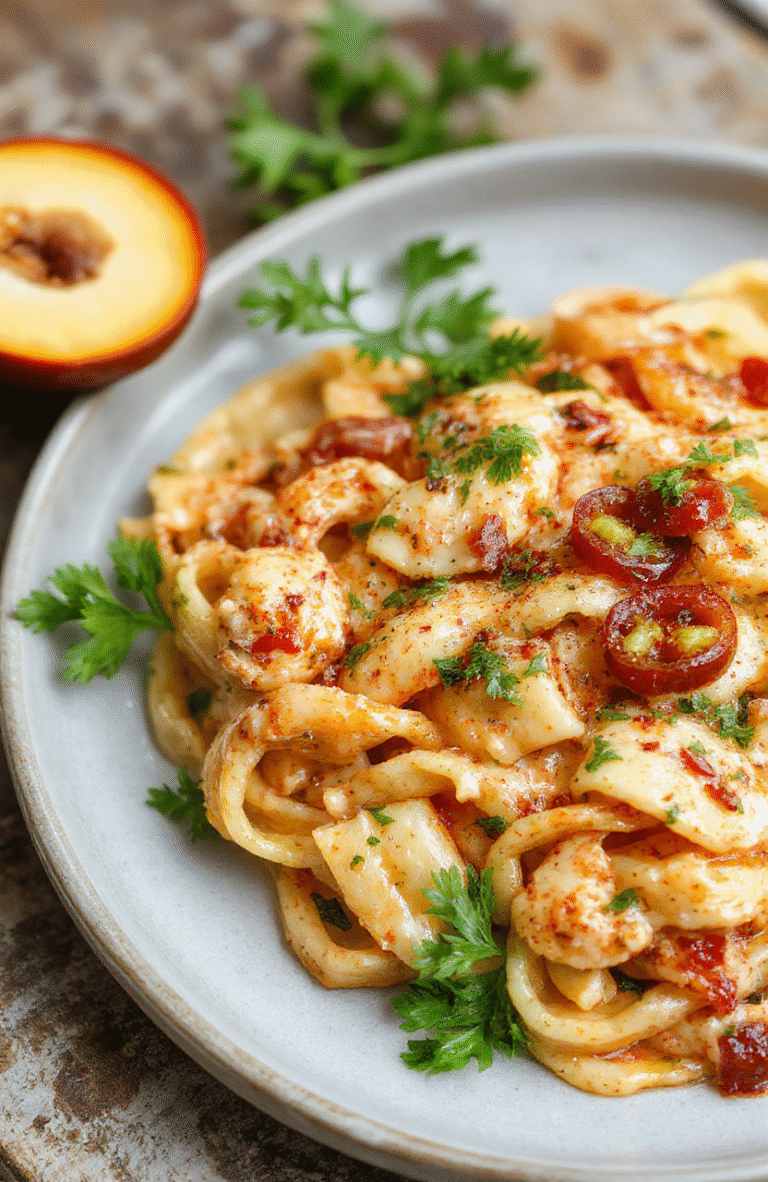 A vibrant plate of creamy Cajun pasta featuring spiralized pasta coated in a rich, spicy sauce, topped with chopped parsley and sliced peppers, styled on a rustic wooden table with a warm, inviting ambiance.
