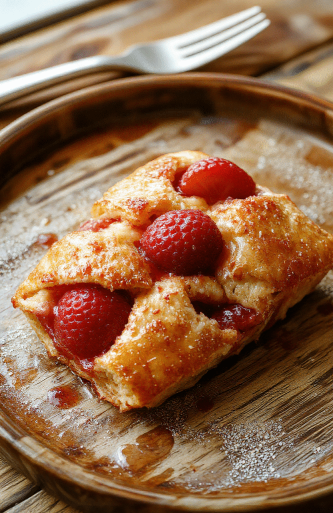 A beautifully arranged flaky strawberry Danish on a rustic wooden plate, showcasing its golden, flaky crust filled with vibrant red strawberries and creamy cheese filling, garnished with powdered sugar and mint leaves, styled with natural light highlighting the textures and colors.