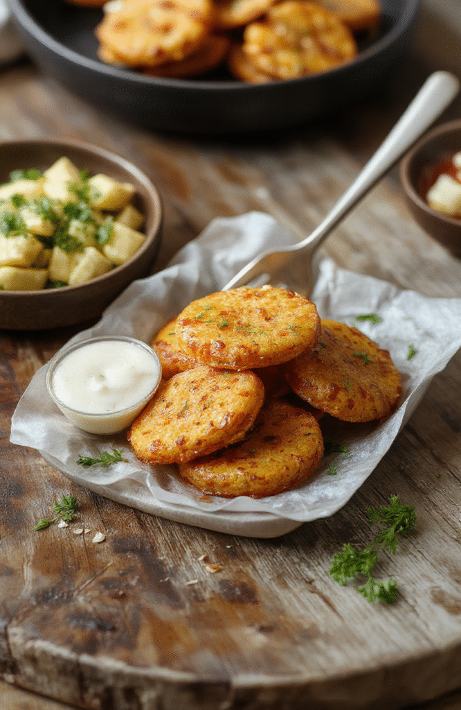A close-up of golden-brown sweet potato rounds arranged neatly on a white ceramic plate. The rounds are crispy with caramelized edges, topped with a sprinkle of fresh herbs. The background features a rustic wooden table with a slight blur, highlighting the vibrant orange of the sweet potatoes and their appealing texture.