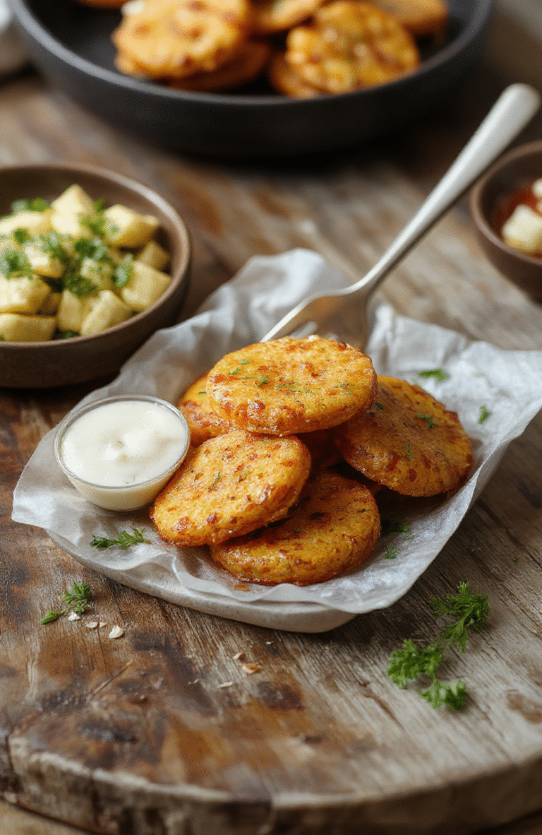 A close-up of golden-brown sweet potato rounds arranged neatly on a white ceramic plate. The rounds are crispy with caramelized edges, topped with a sprinkle of fresh herbs. The background features a rustic wooden table with a slight blur, highlighting the vibrant orange of the sweet potatoes and their appealing texture.