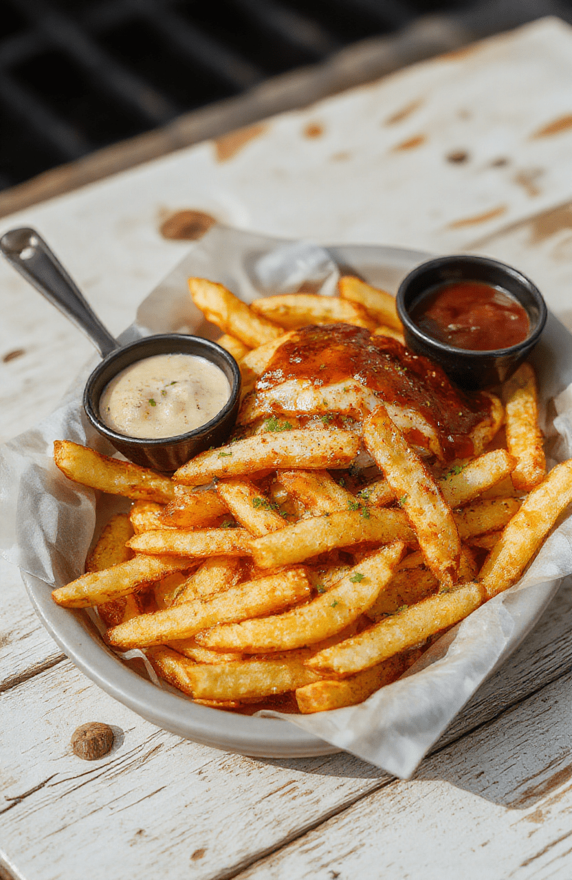 A vibrant and inviting French fry board featuring crispy golden fries arranged in a stylish platter, topped with colorful dipping sauces, fresh herbs, and garnishes, styled on a rustic wooden table with a casual and appetizing presentation, highlighting textures and variety.